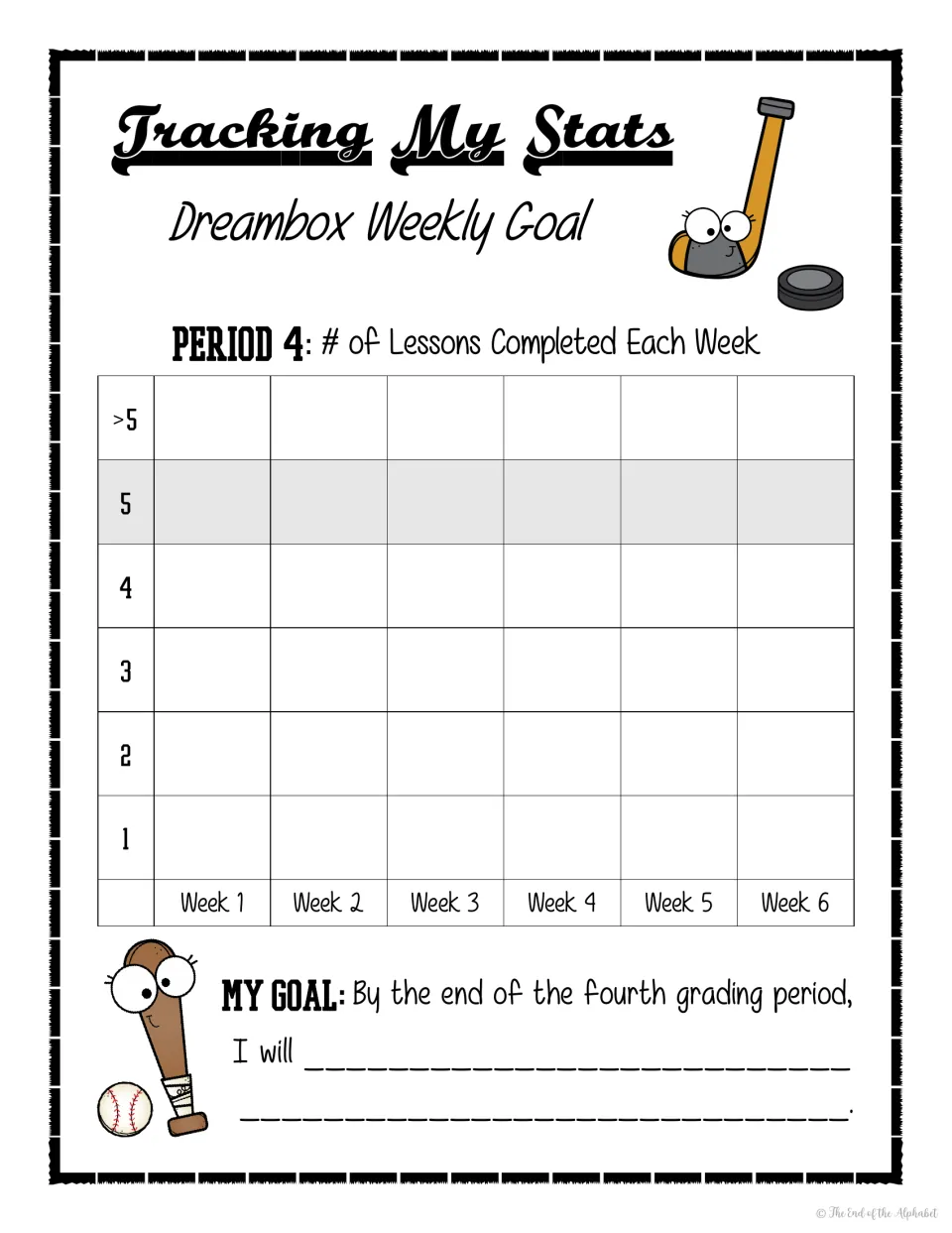 Period 4 hockey and baseball tracker: students record Dreambox lessons finished each of six weeks, 1 to >5, and write a goal