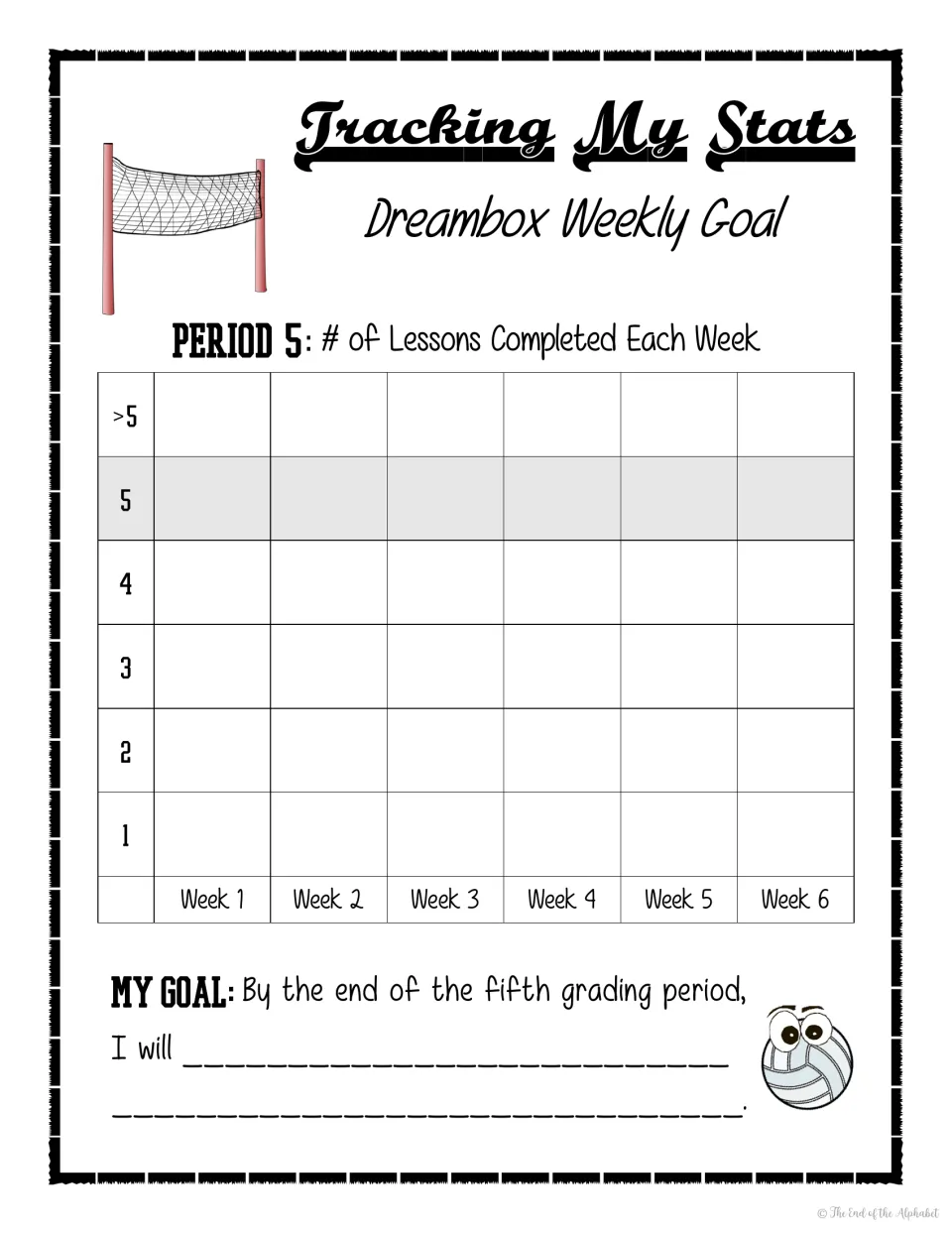 Period 5 volleyball stats page: students graph how many Dreambox lessons they complete weekly for six weeks and set a goal