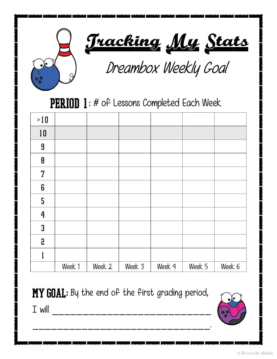 Period 1 bowling tracker, 10-lesson version: students graph weekly Dreambox lessons up to 10+ for six weeks and set a goal