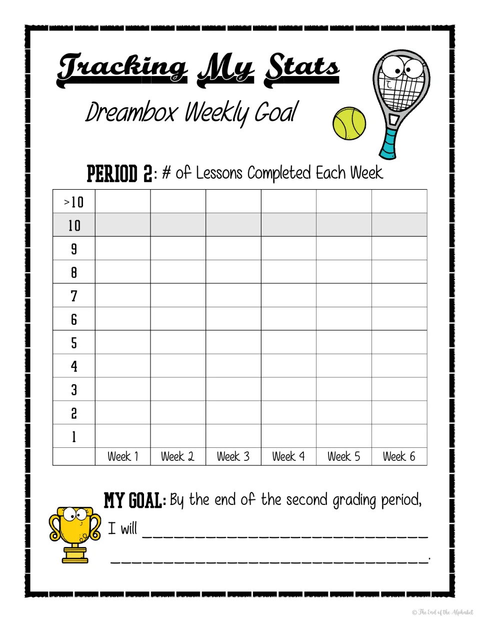 Period 2 tennis tracker, 10-lesson version: students shade Dreambox lessons completed each week up to 10+ and write a goal