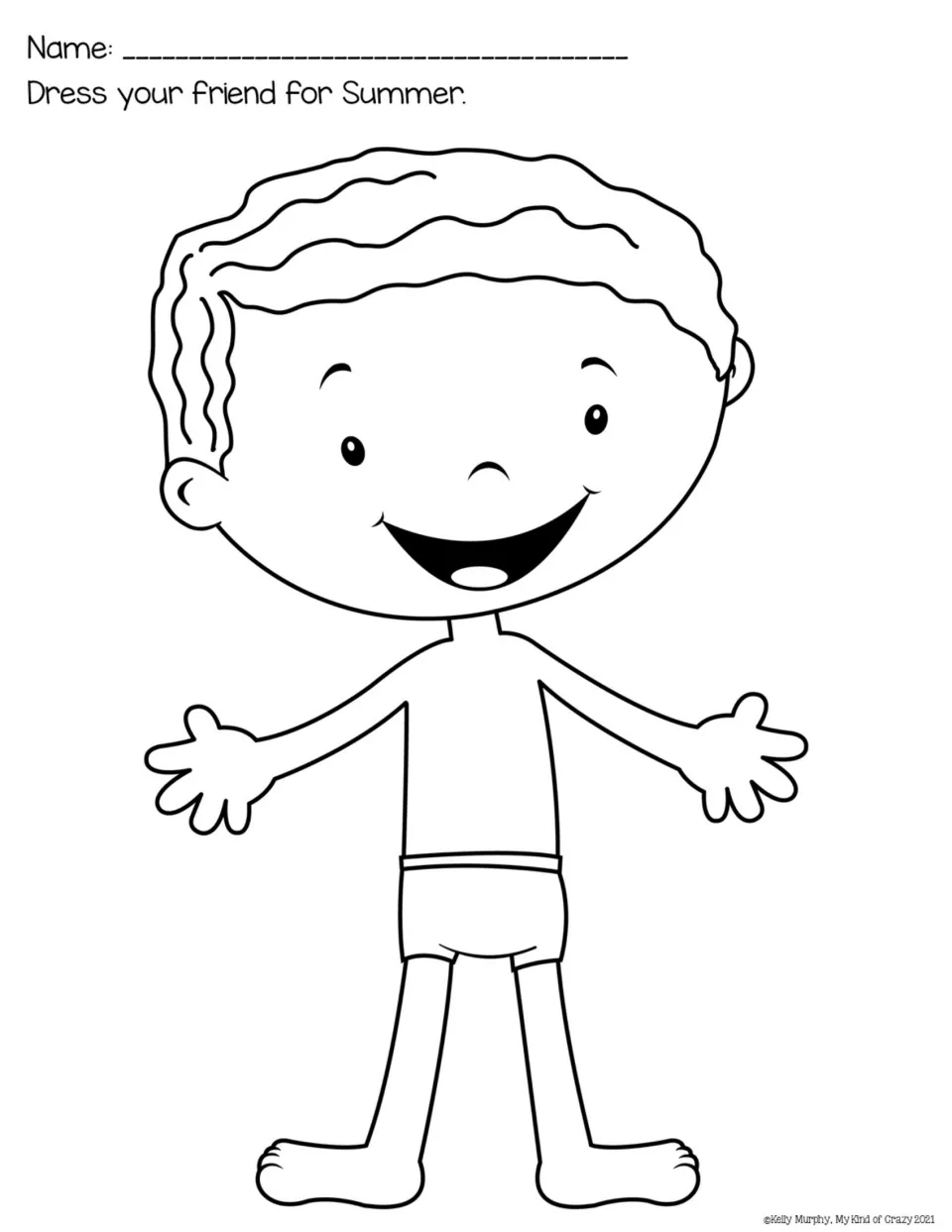 Dress your friend for Summer: a smiling boy paper doll in shorts for students to dress with cut-out summer clothes