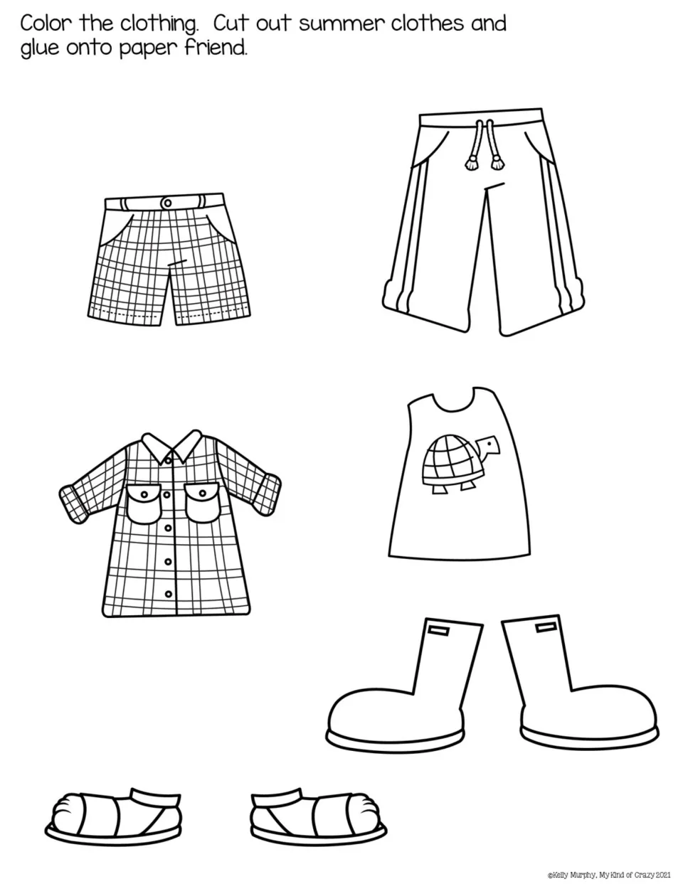 Summer clothes cut-outs: students color and cut plaid shorts, track pants, shirt, turtle tank, boots and sandals to glue on