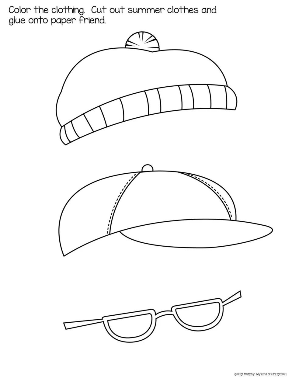 Hat and glasses cut-outs: students color and cut a winter beanie, baseball cap and sunglasses for the paper friend