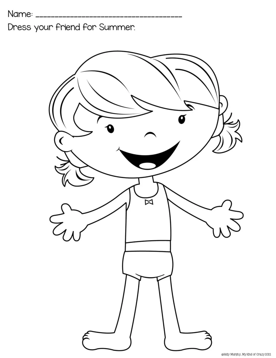 Dress your friend for Summer: girl paper doll in tank top and shorts, ready for students to glue on summer clothes