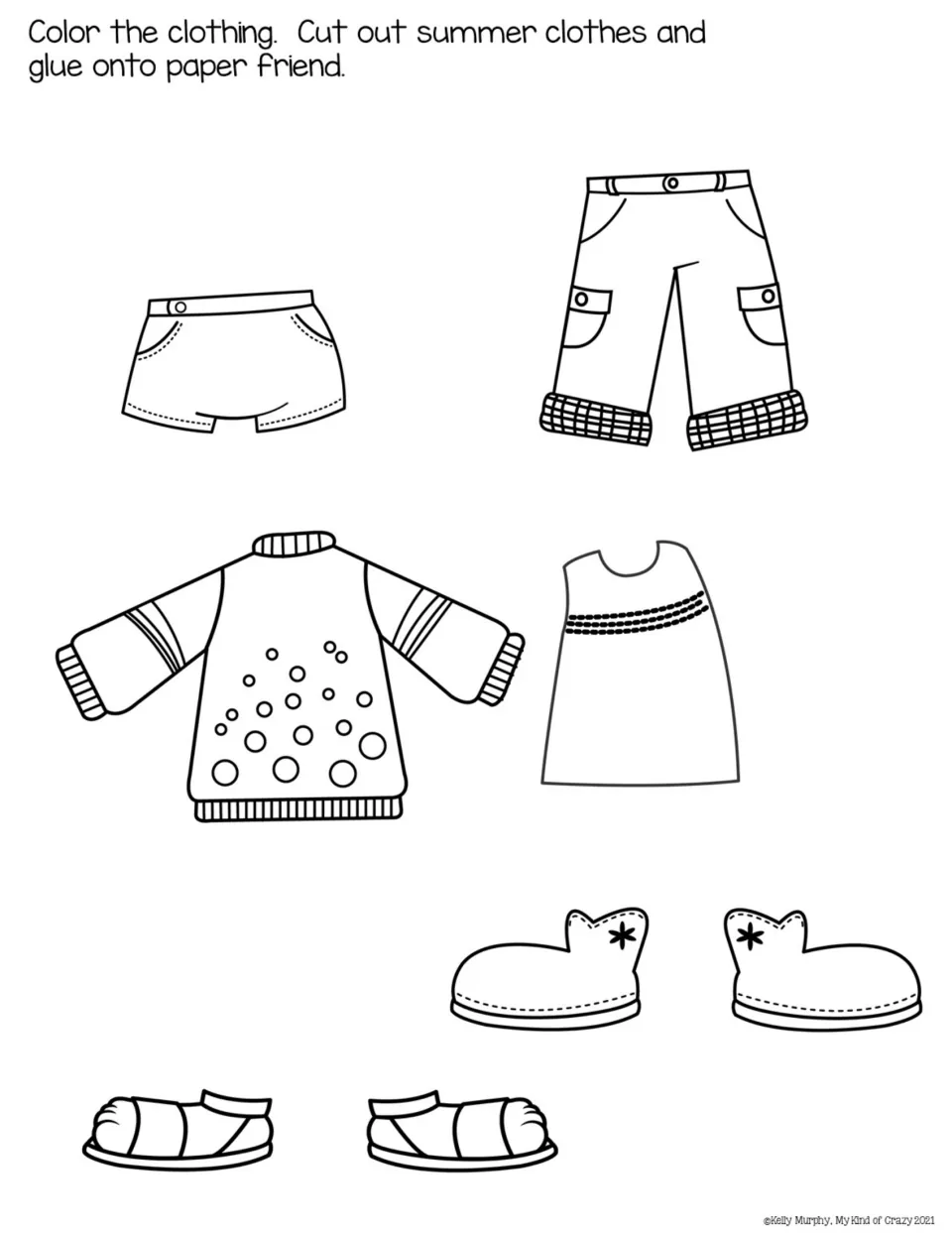 Clothing cut-outs for the girl doll: shorts, cargo pants, sweater, sundress, boots and sandals to color and choose from