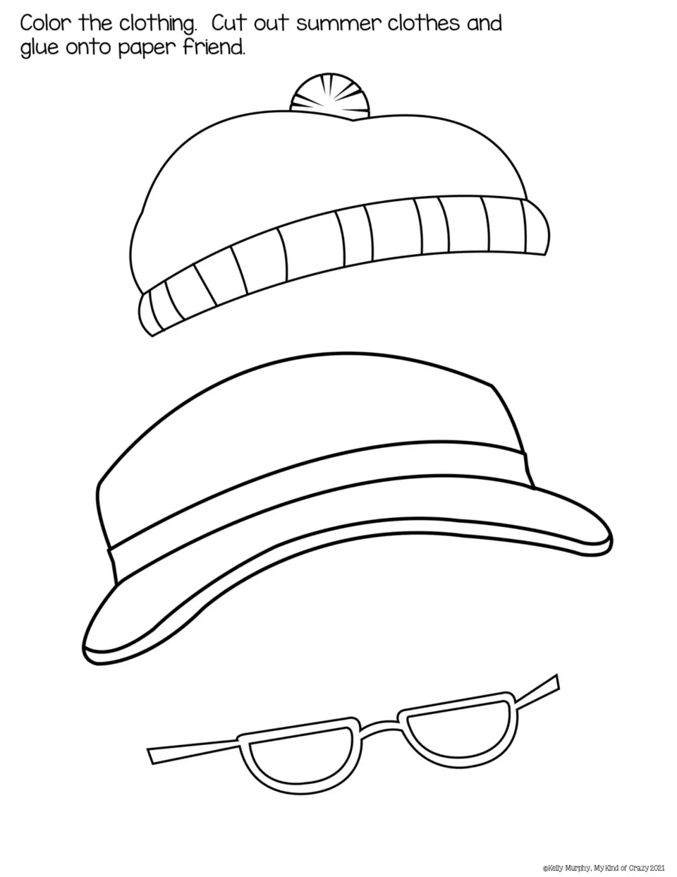 Headwear cut-outs: students color and cut a pom-pom beanie, bucket hat and sunglasses, choosing what suits summer