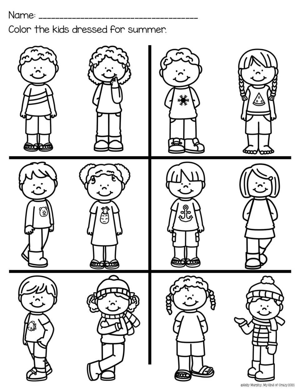 Color the kids dressed for summer: in six pairs of children, students find and color the ones in summer clothing