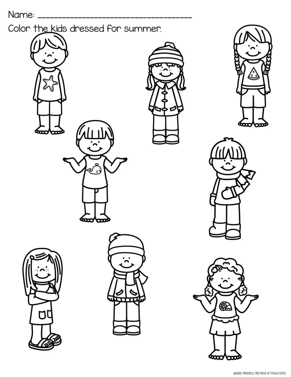 Color the kids dressed for summer: nine children in shorts, sandals, hats or scarves; students color only summer outfits