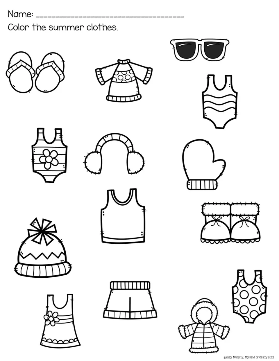 Color the summer clothes: students pick out flip-flops, swimsuits, sunglasses and shorts among mittens, earmuffs and coats