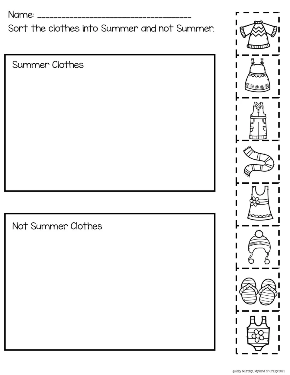 Summer vs not summer sort: students cut eight clothing pictures, like a scarf and flip-flops, and glue them in two groups