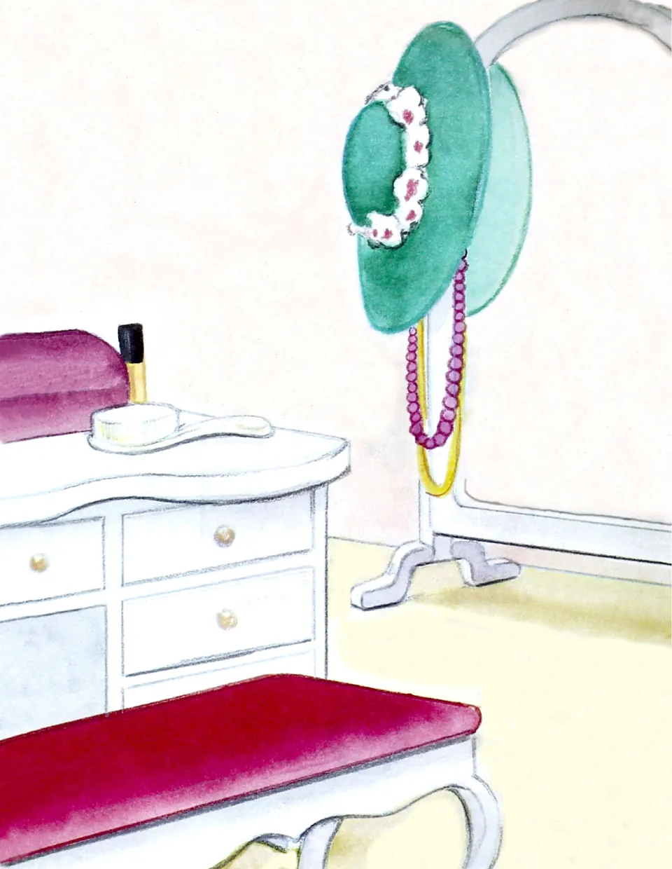 Illustration of a dressing table with a hairbrush and stool, and a teal flowered hat and beads hung on a standing mirror