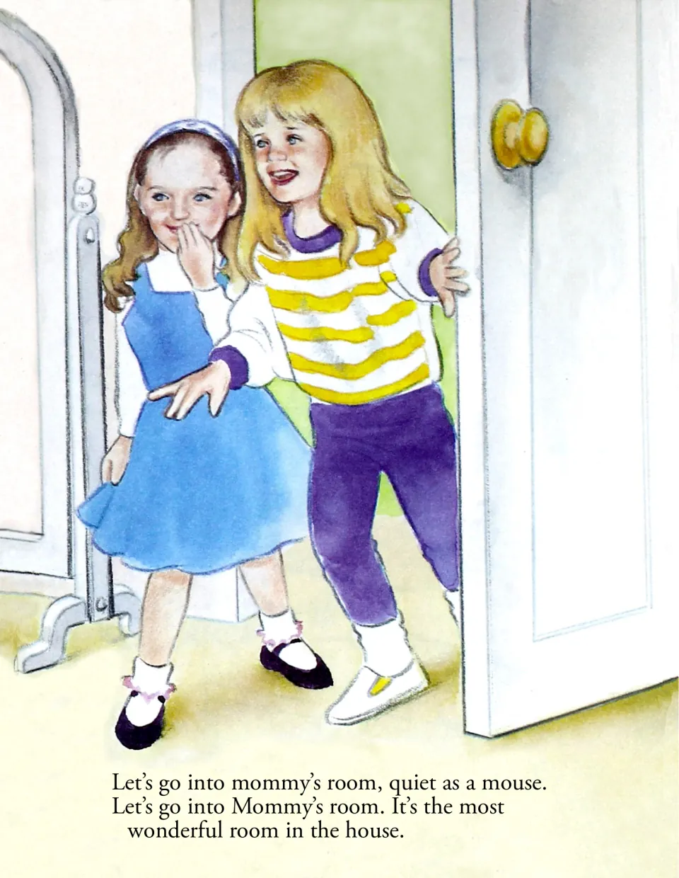 Story page: two girls tiptoe through a door into mommy's room, with rhyming text about going in quiet as a mouse