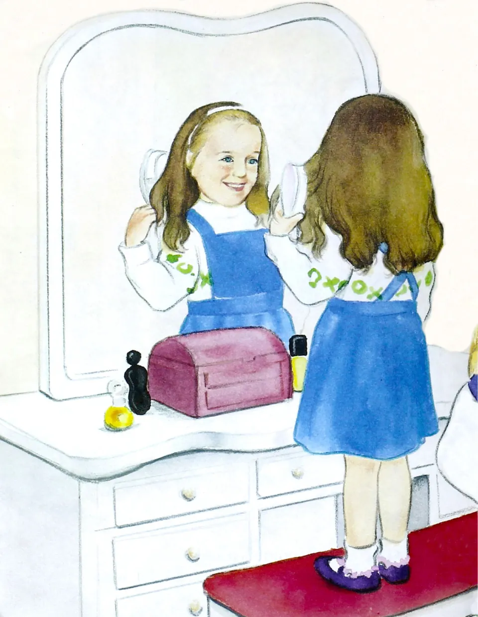 Illustration of a girl brushing her hair at a dressing table, shown from the front in the mirror and from behind