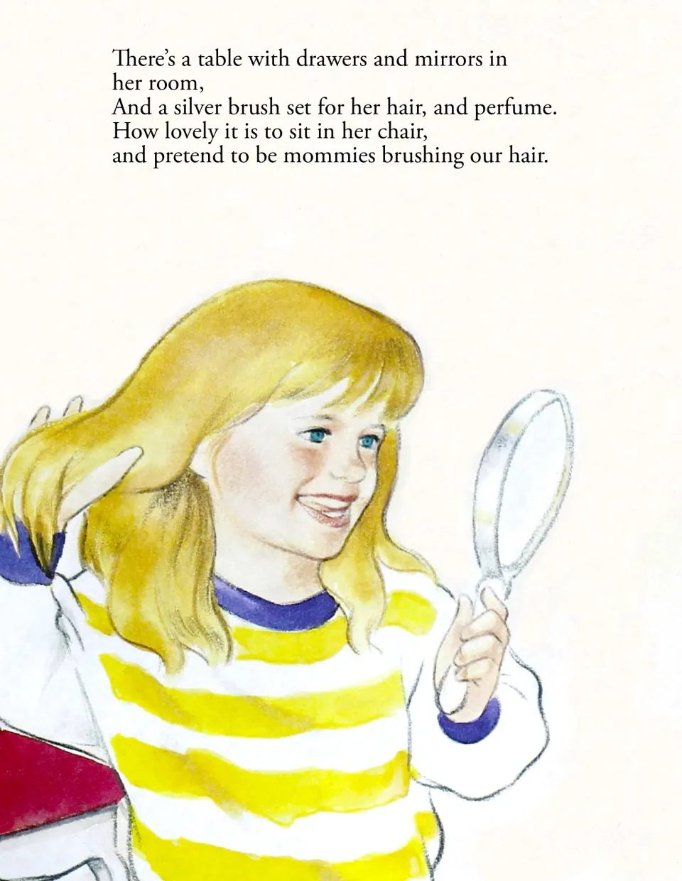 Story page: a girl holds a hand mirror and her hair, beneath rhyming text about pretending to brush hair like mommies
