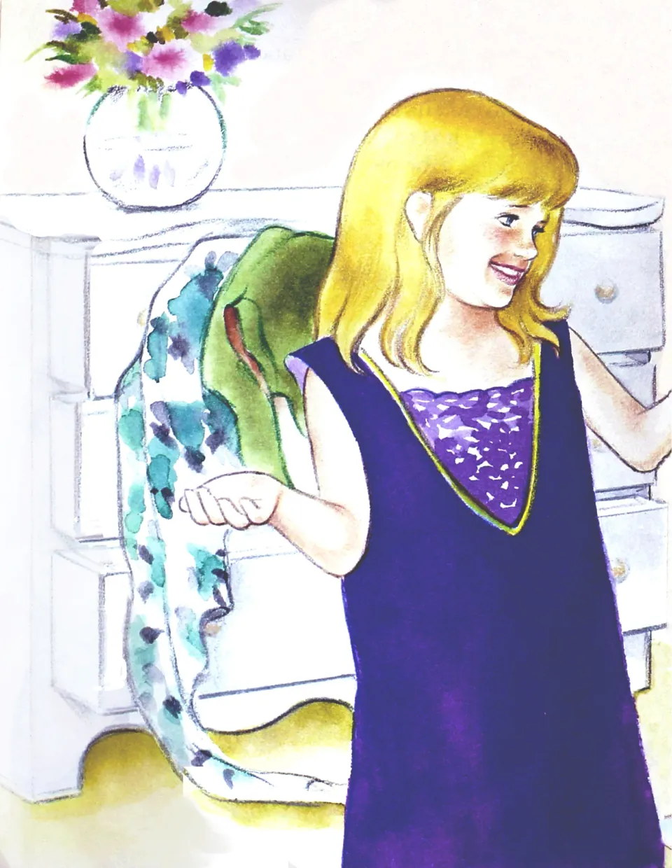 Illustration of a girl in an oversized purple dress by a dresser with a scarf and a vase of flowers