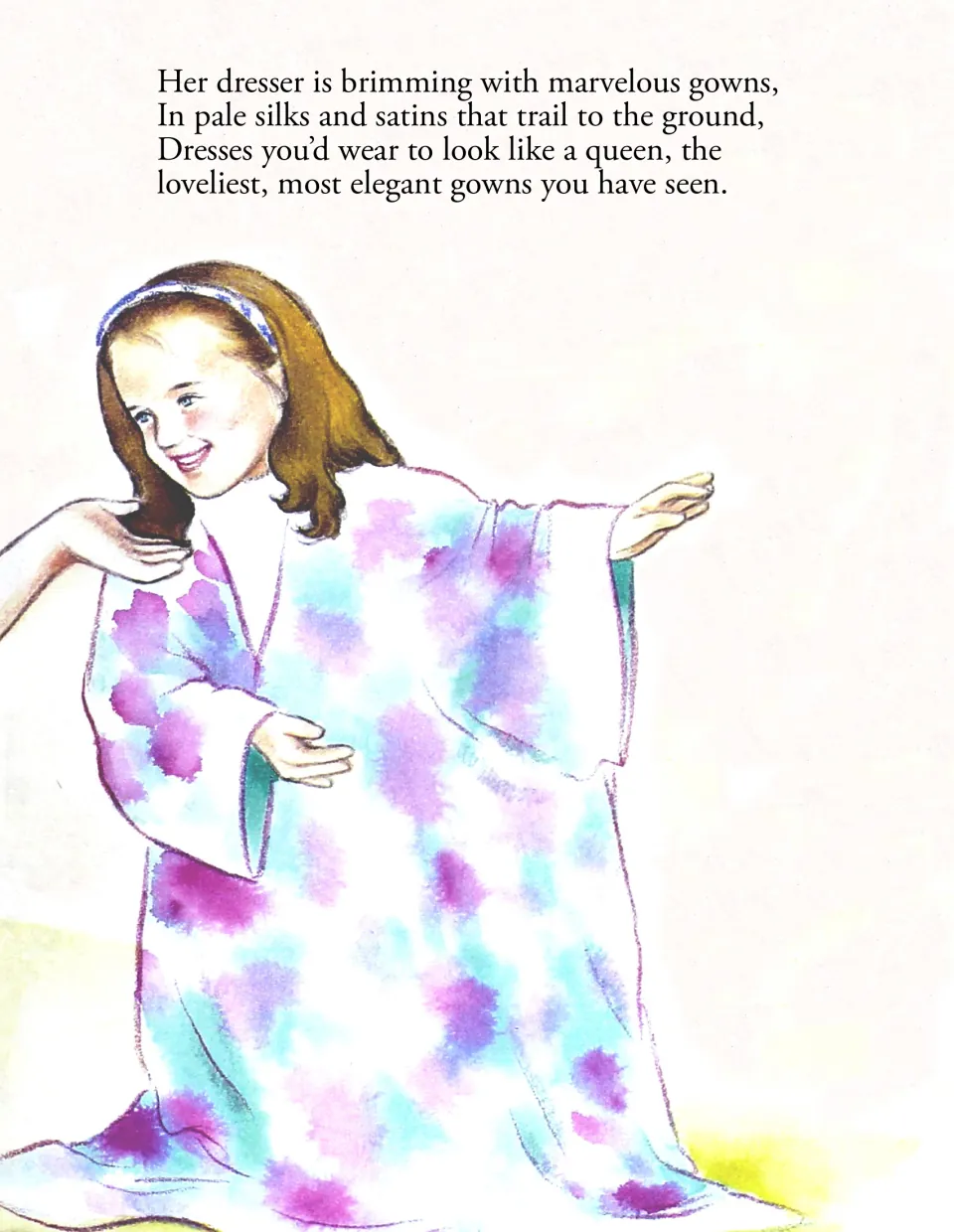 Story page: a girl twirls in a long tie-dyed gown, with rhyming text about mommy's dresser full of silk and satin gowns