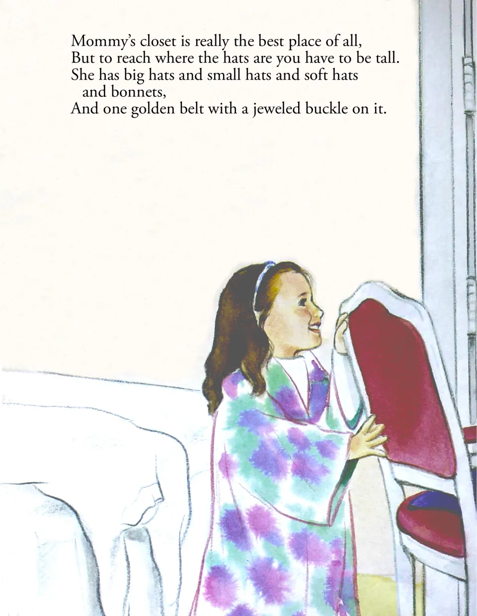 Story page: a girl in a long gown reaches up in mommy's closet, with rhyming text about hats, bonnets and a golden belt