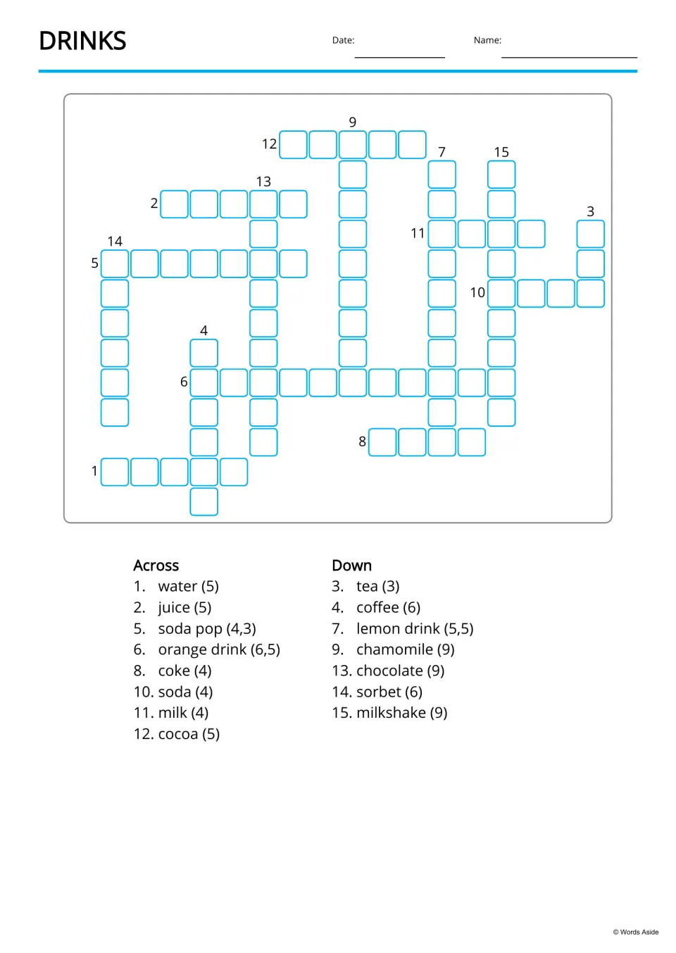 Drinks crossword: students fill in 15 drink names from Across and Down clues that give each word and its length
