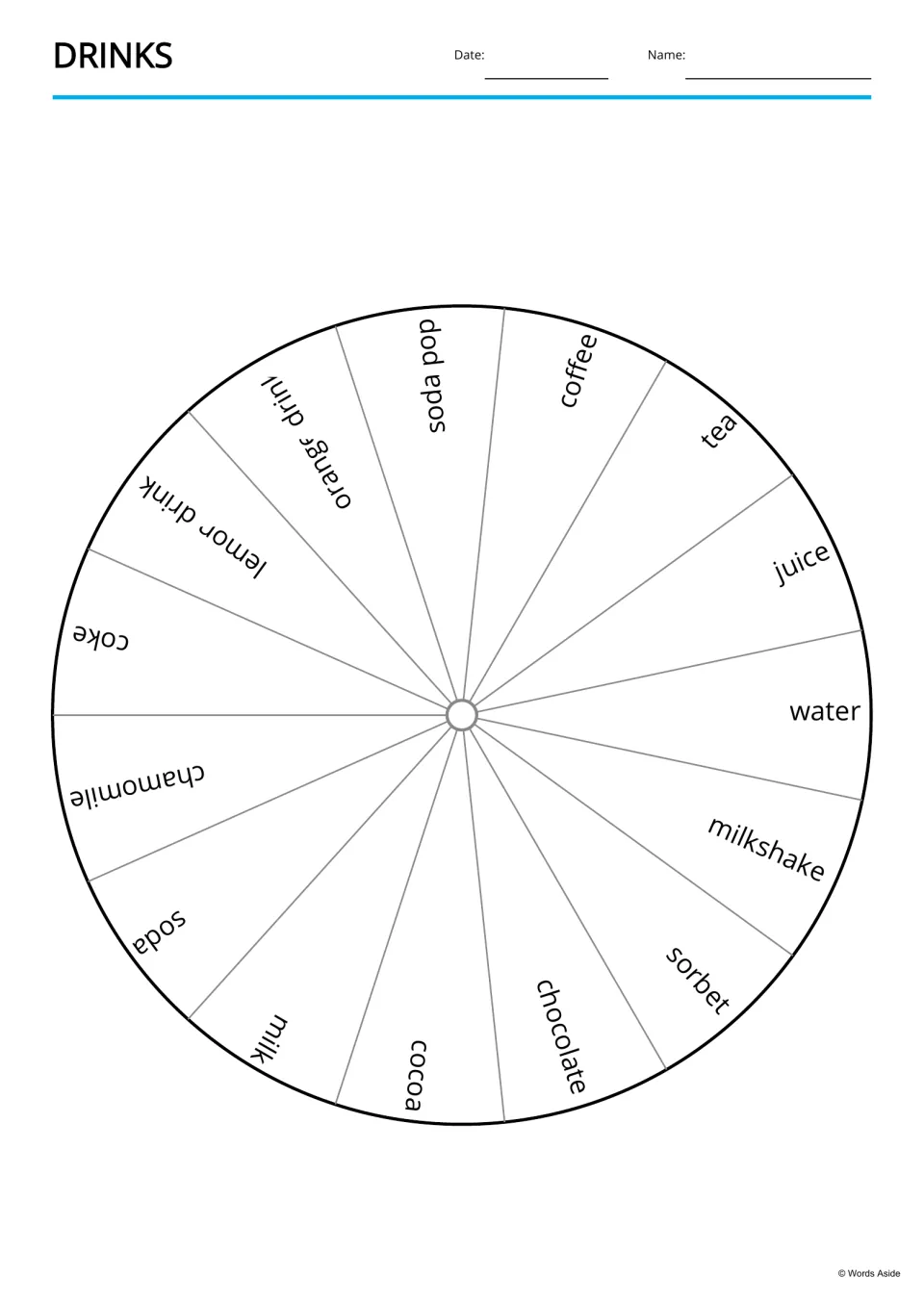Drinks word wheel: 15 drink names, including coffee, tea, juice, water and cocoa, arranged around a circle