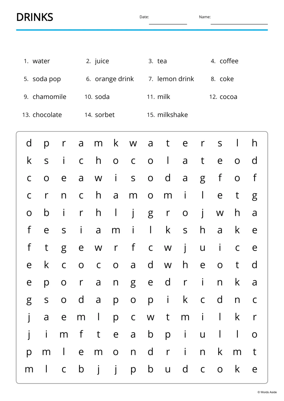 Drinks word search: students find 15 drink words like chamomile, orange drink and milkshake hidden in the puzzle