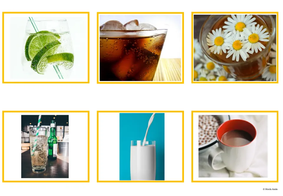 Drink photo cards 7-12: lemon drink with lime, iced coke, chamomile tea, soda, a glass of milk and a mug of cocoa