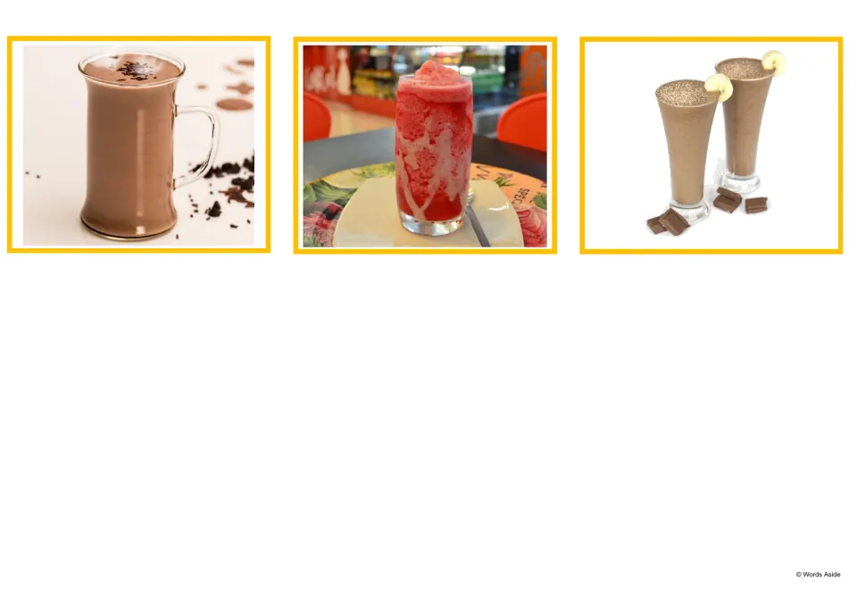 Drink photo cards 13-15: a mug of chocolate, a red frozen sorbet drink and two chocolate milkshakes with banana slices