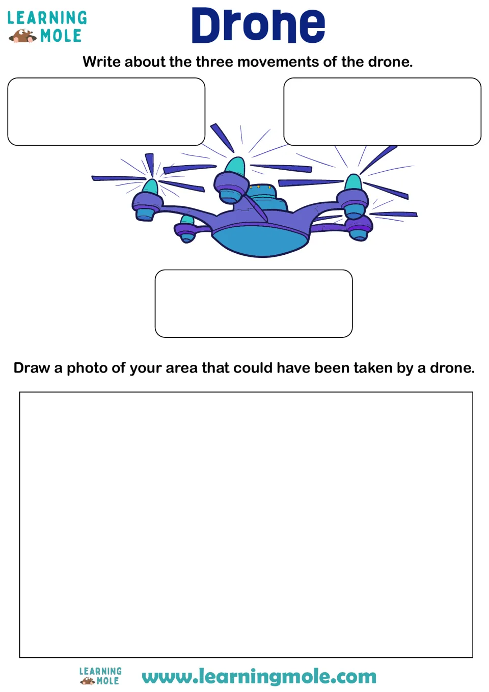 Drones: students write about the drone's three movements, then draw an aerial view of their area as a drone would see it