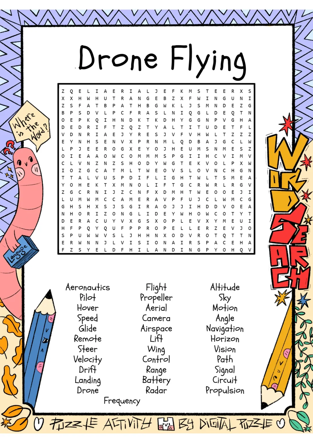 Drone Flying word search puzzle worksheet activity – cover