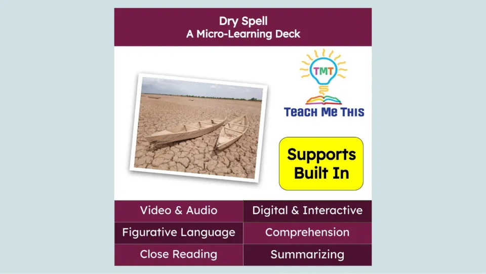 Cover of the dry spell micro-learning deck, listing video, audio, comprehension, and summarizing skills