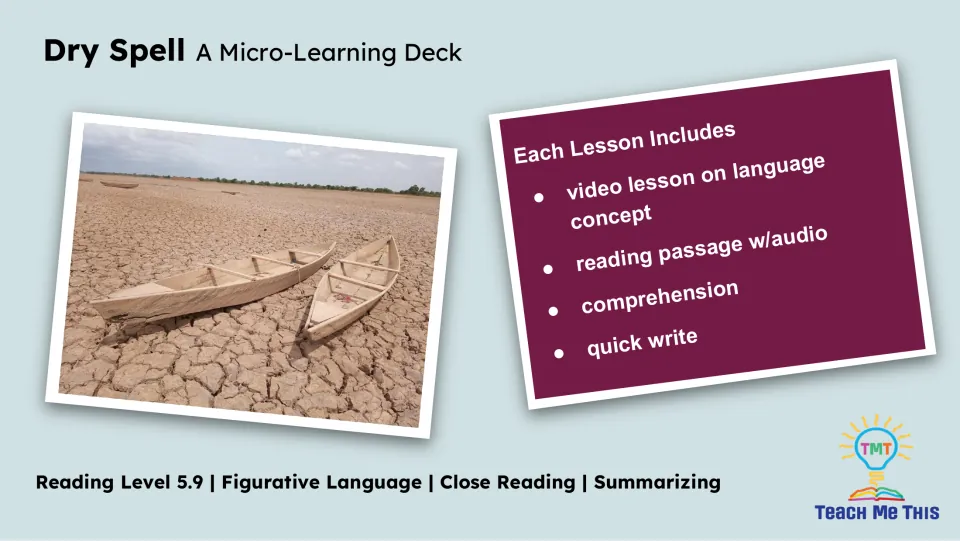 Lesson overview listing a language concept video, reading passage with audio, comprehension, and quick write