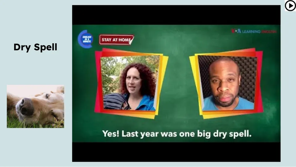 Video lesson slide on “dry spell,” showing two speakers and the subtitle “Yes! Last year was one big dry spell.”
