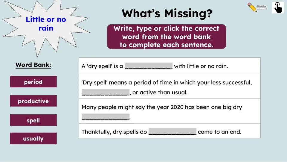 Fill-in-the-blank practice on “dry spell” has four sentences and the words period, productive, spell, and usually