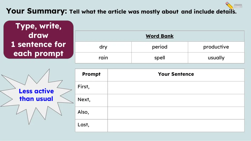 Summary activity asks for one sentence each using First, Next, Also, and Last, with a six-word bank for support
