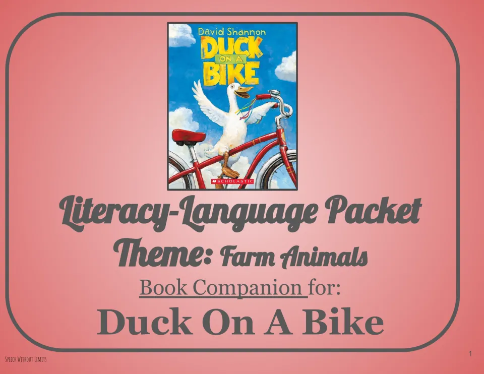 Cover of farm animals literacy-language packet and book companion for Duck On A Bike, showing the David Shannon book cover