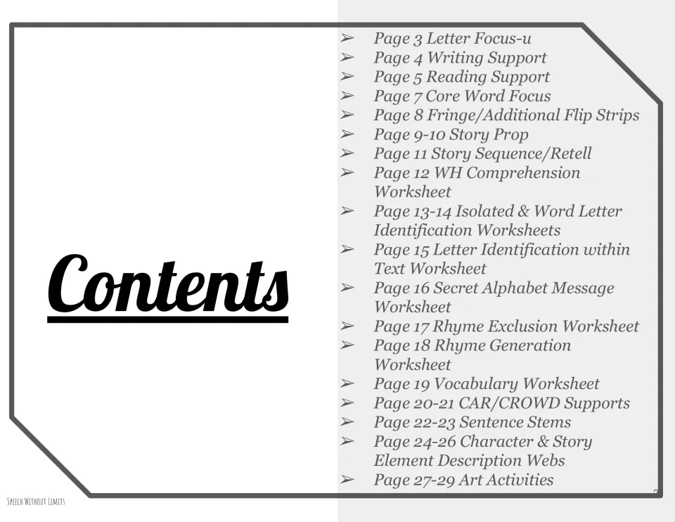 Contents list for the packet: letter focus, writing support, story props, retell, WH questions, rhyming and art activities