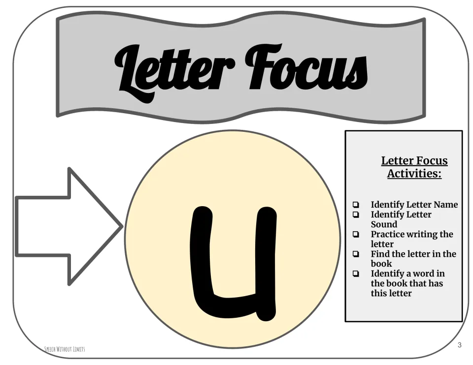 Letter focus on u: a large lowercase u with a checklist to name it, say its sound, write it and find it in the book
