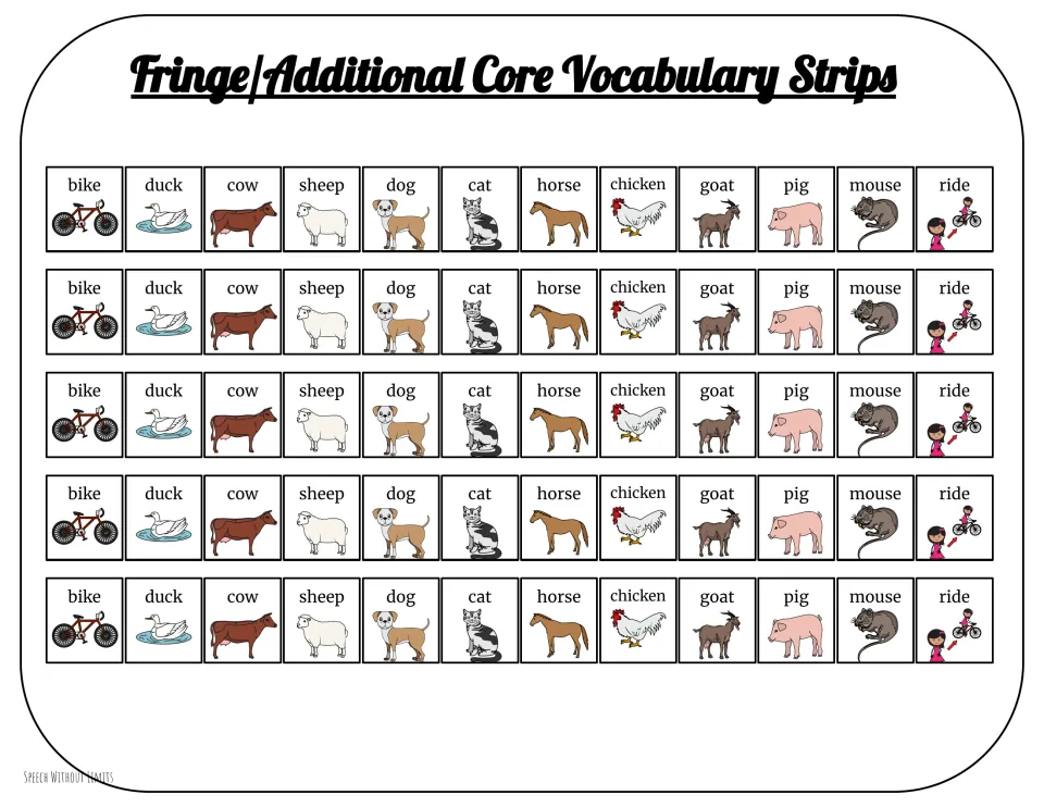 Fringe vocabulary strips: five rows of picture symbols for bike, duck, cow, sheep, dog, cat, horse, pig, mouse and ride