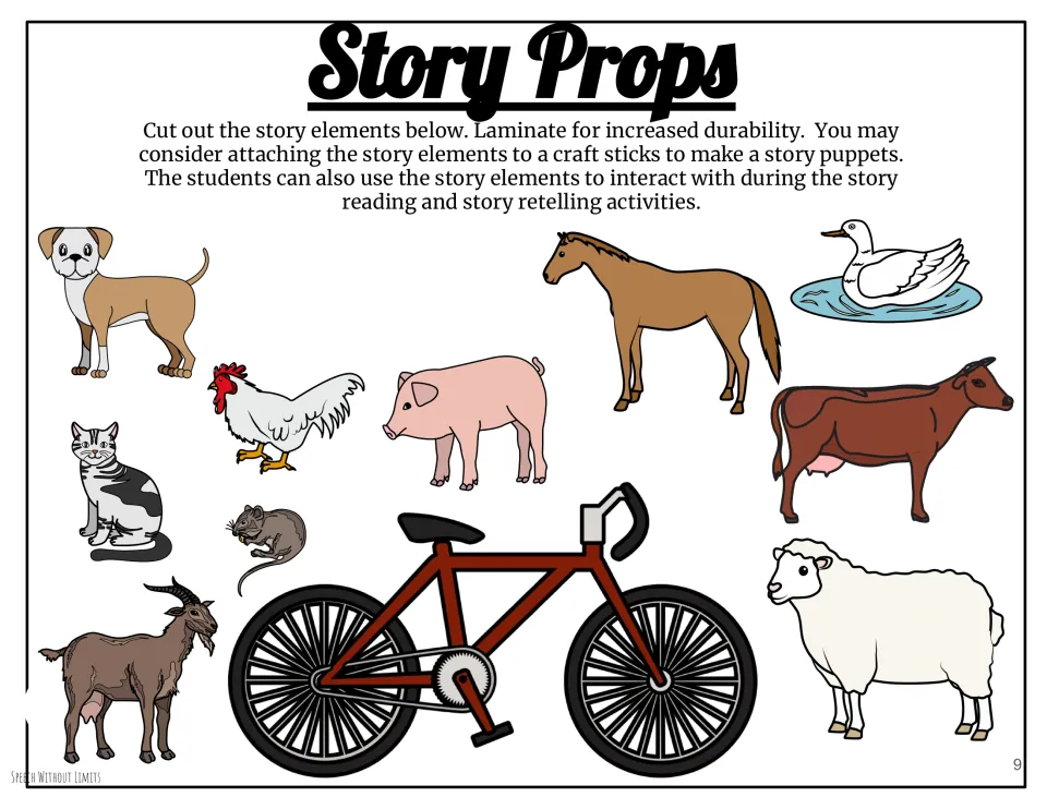 Story props to cut out: farm animal pictures of dog, rooster, pig, horse, duck, cow, cat, mouse, goat, sheep and a bike