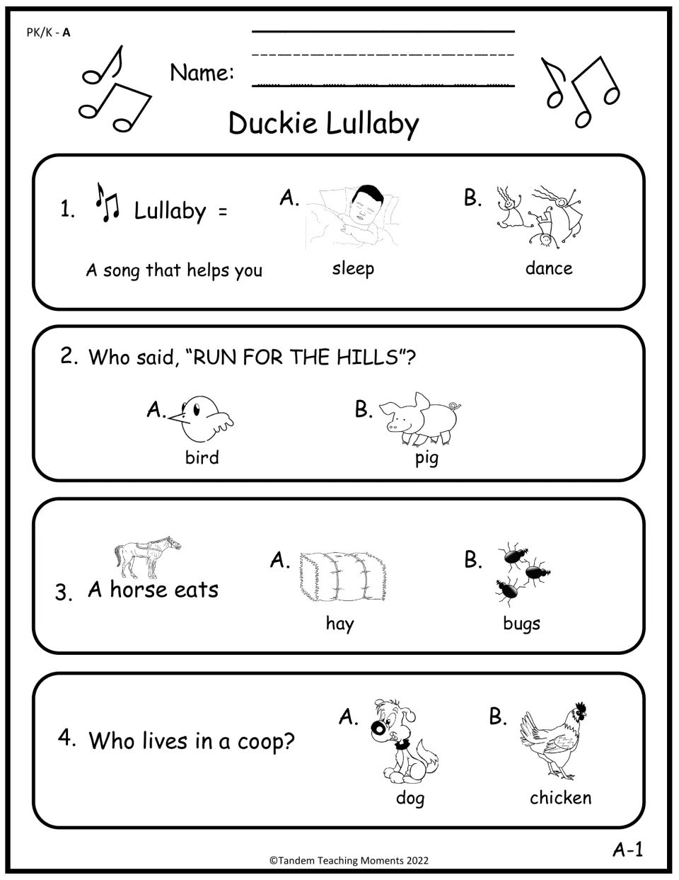 Set A comprehension practice asks about a lullaby, who said “RUN FOR THE HILLS,” horse food, and a coop.