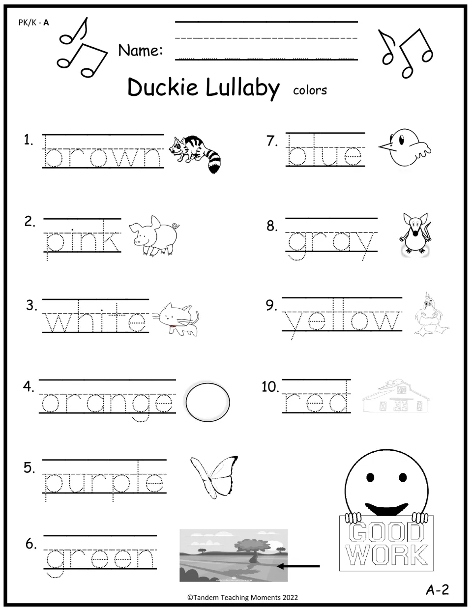 Set A color-word tracing pairs ten words, including brown, pink, white, and orange, with story pictures.