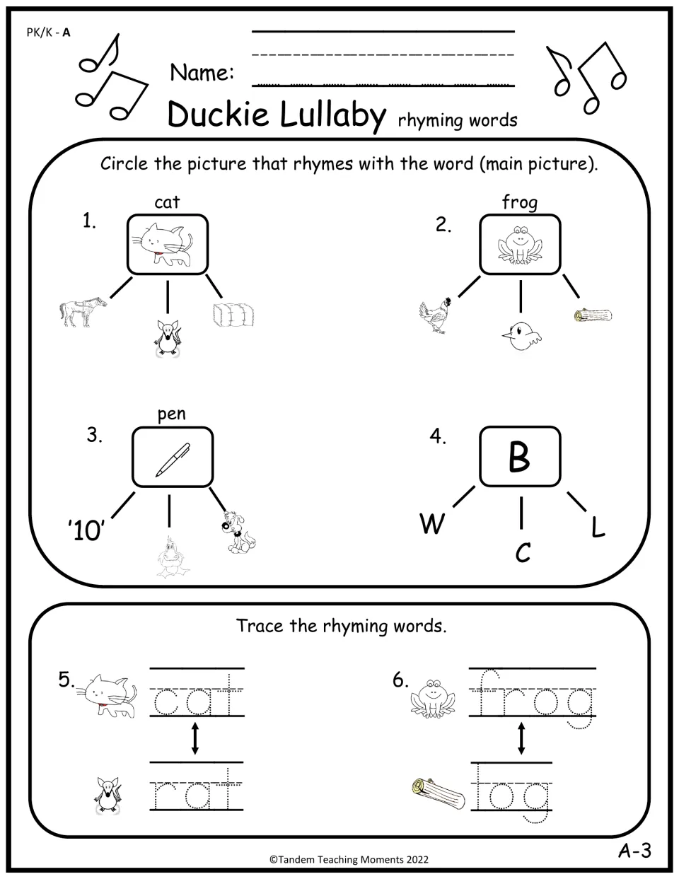 Set A rhyming practice asks students to circle matches for cat, frog, pen, and B, then trace two word pairs.