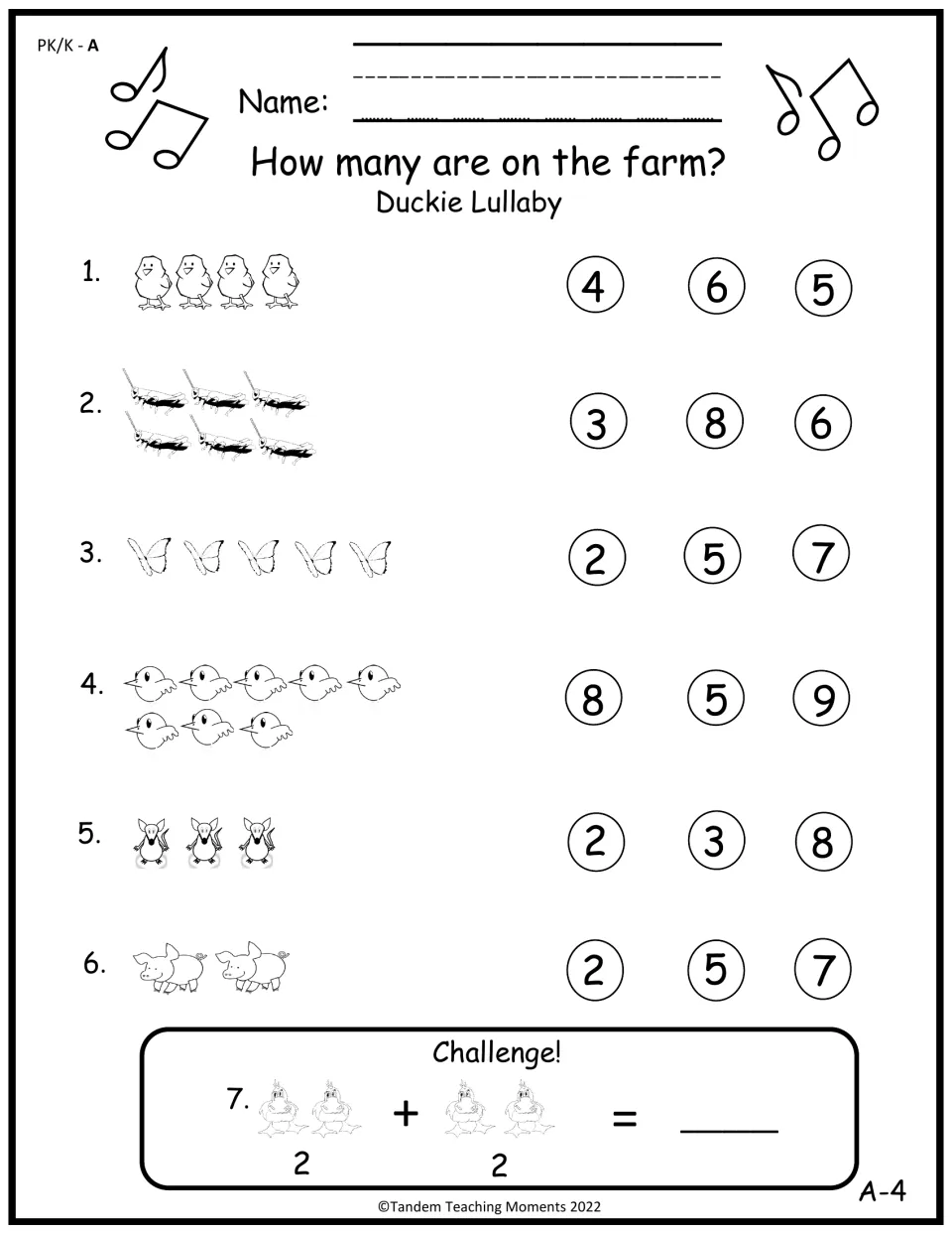 Set A counting practice asks students to count six groups of farm creatures and solve a 2 + 2 challenge.