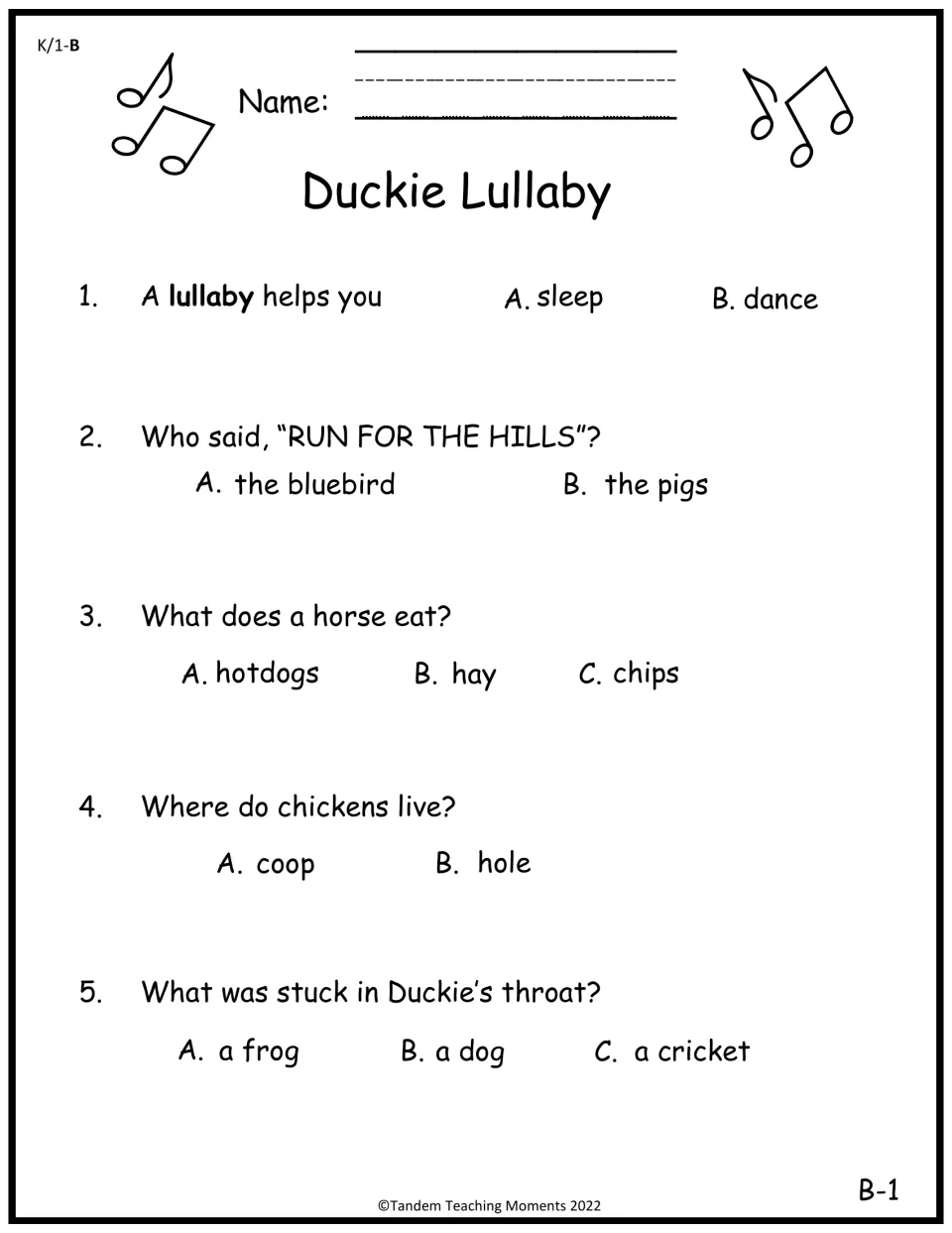 Set B comprehension practice has five questions about a lullaby, pigs, horse food, chickens, and Duckie’s throat.