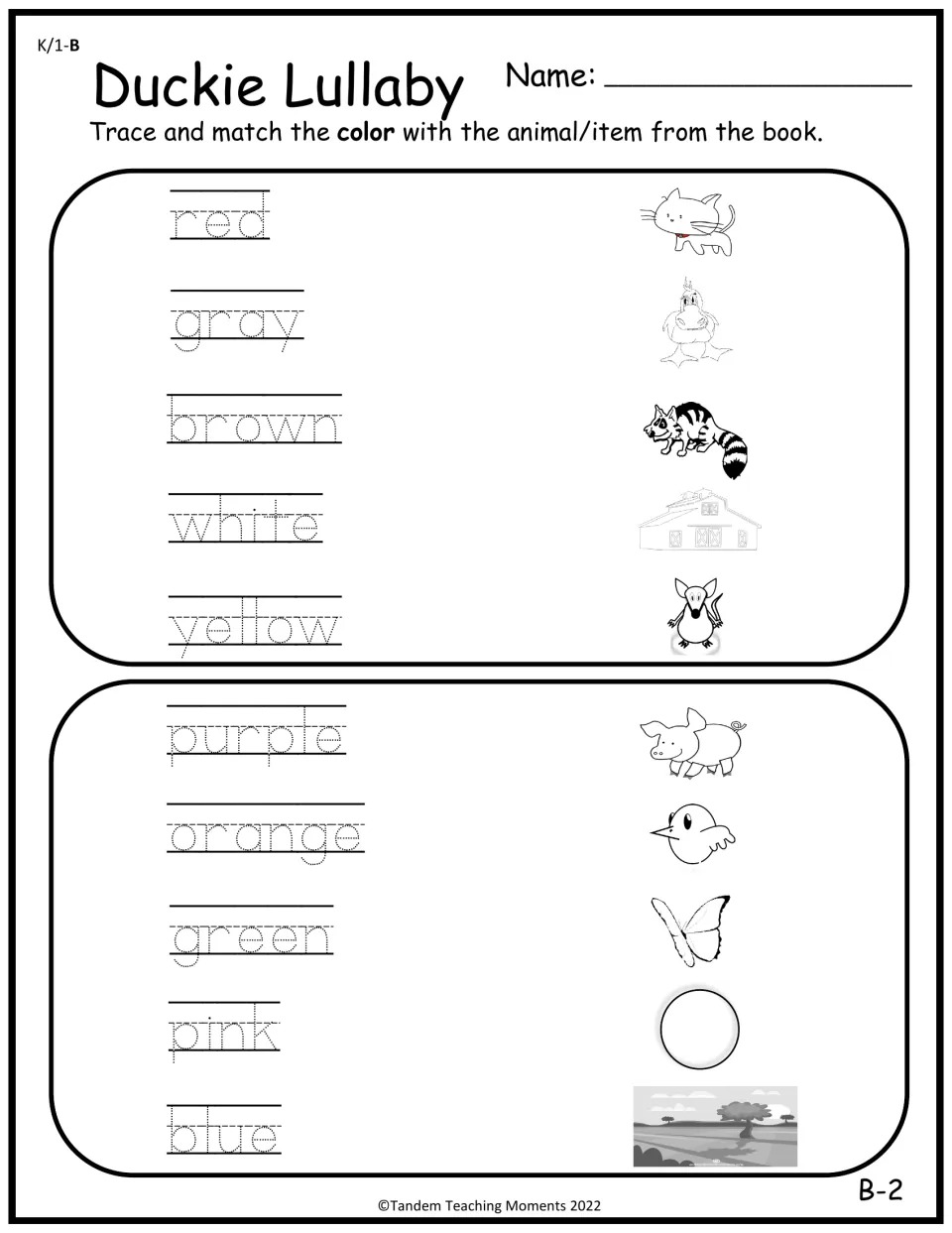 Set B color practice asks students to trace ten color words and match them to animals or items from the book.