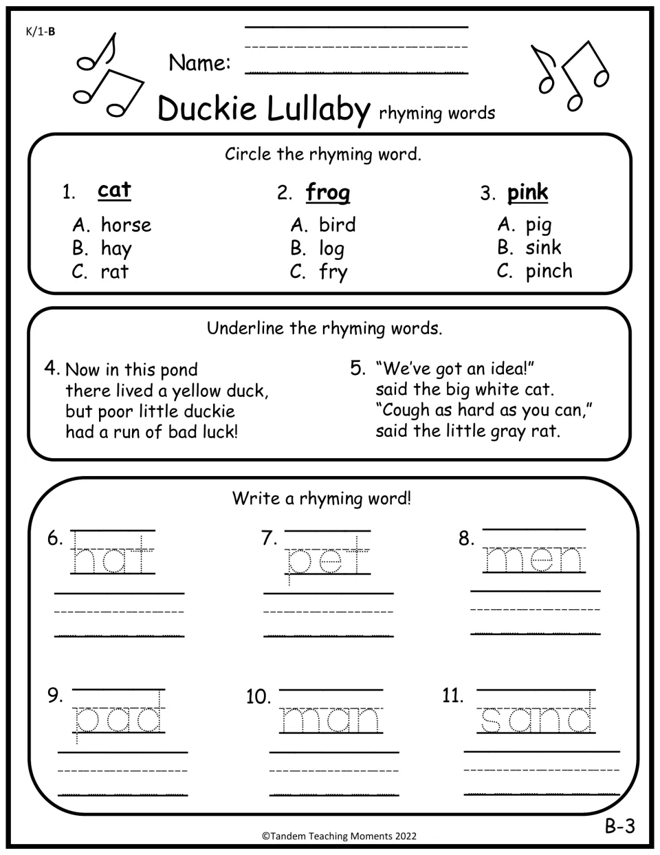 Set B rhyming practice includes choosing rhymes, underlining rhymes in story verses, and writing six rhyming words.