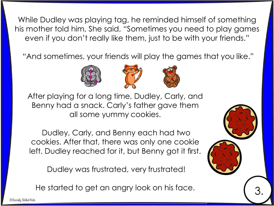 Story page 3: Dudley remembers taking turns choosing games, then gets frustrated over the last cookie