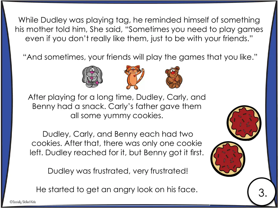 Repeated story page 3: Benny gets the last cookie before Dudley, who starts to look angry and frustrated