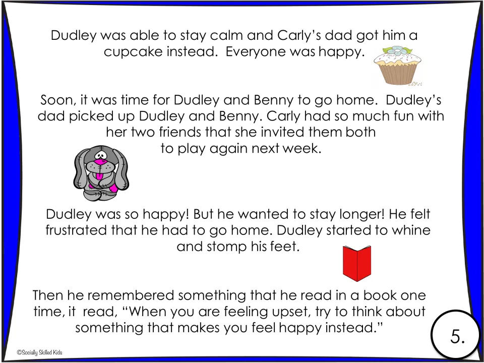 Story page 5: Dudley stays calm about the cookie but gets upset when leaving, then recalls thinking happy thoughts