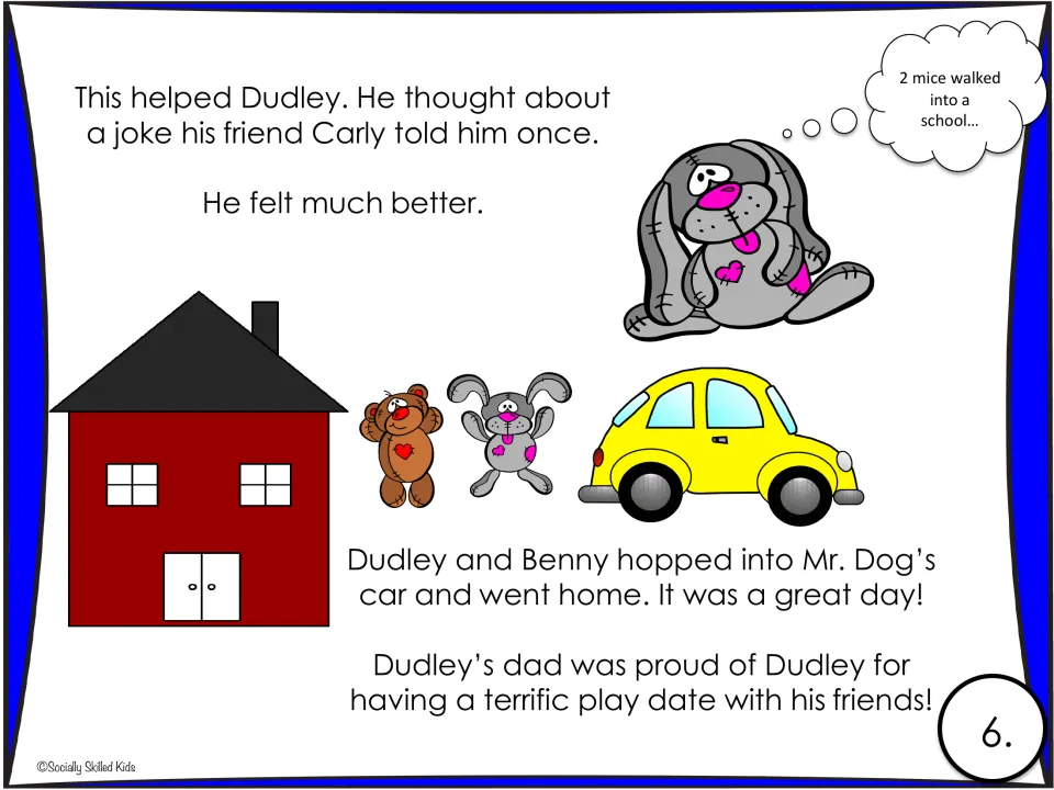 Story page 6: Remembering Carly’s joke helps Dudley feel better, and he rides home with Benny and his dad