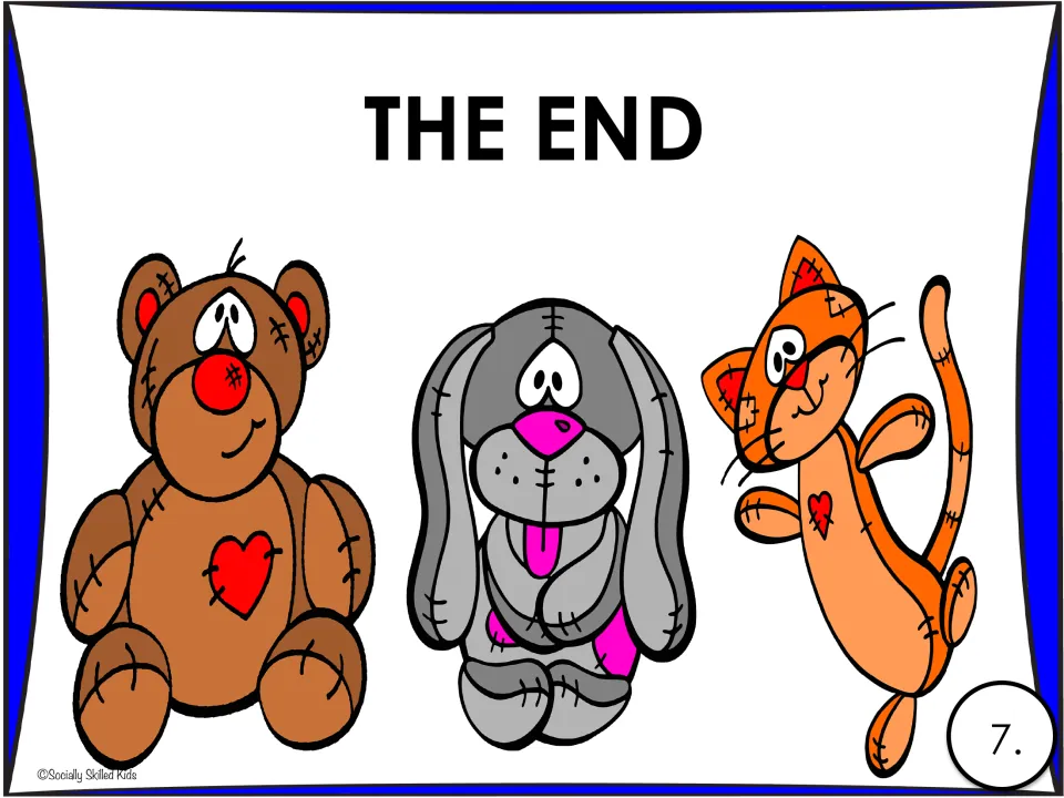 Story page 7 closes the friendship and frustration story with “The End” and Dudley, Benny bear, and Carly cat